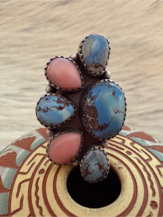 SouthWestArtisans Jewelry - ❤️ Pink Conch & Golden Hills Turquoise Half Cluster Adj Sterling Statement Ring